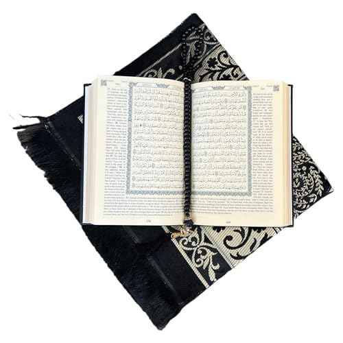 English Translate Thermo Leather Covered Quran, Tafta Prayer Mat and Beads Set |Quran Size:8x5.5x1.2 ?nch/20x14x3cm | Muslim Prayer Mat | Great Ramadan Gifts for Muslim Men,Women (Black, 1 Sets)
