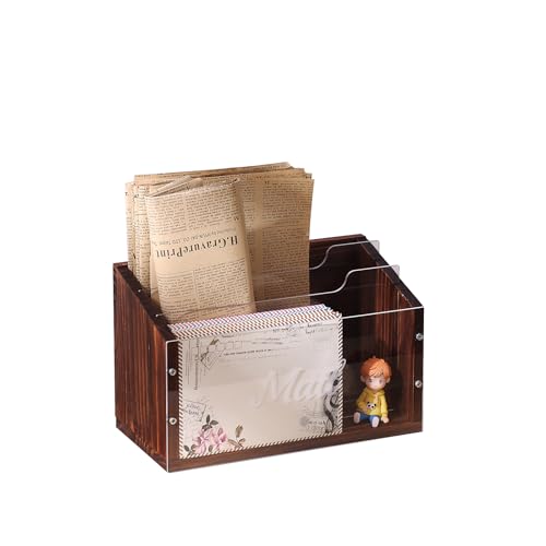 Mail Organizer with Clear Acrylic Dividers - Wooden Letter Holder for Desk, 3 Slot Mail Sorter Wall Mounted, Desktop Envelope Caddy for Home Office Organize Document Bill Mail Inbox Outbox