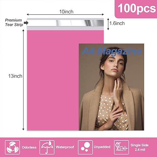 JinRuiKJ Poly Mailers 10x13 Inch 100 Pcs, Strong Adhesive Shipping Bags for Clothing, Durable Thick Mailing Envelopes with Self Seal, Packaging Bags for Small Business - Pink