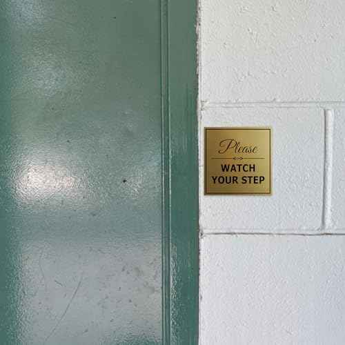 Signs ByLITA Square Classy Please Watch Your Step Sign | Safety Sign with Easy Installation (Black/Silver) - Medium 5 Pack