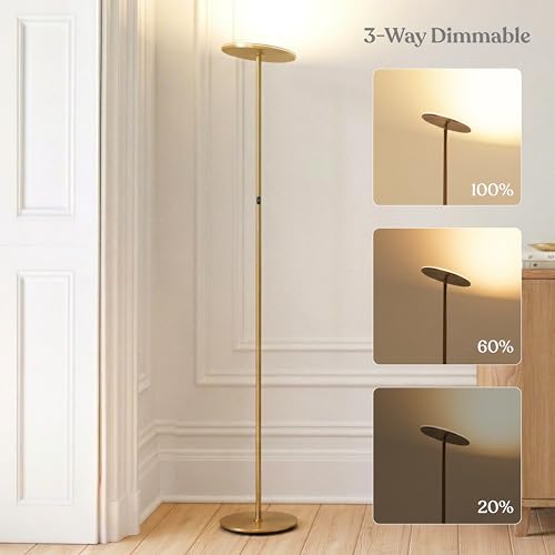 Brightech Sky LED Floor Lamp - Antique Brass Dimmable Tall Torch for Living Room & Bedroom
