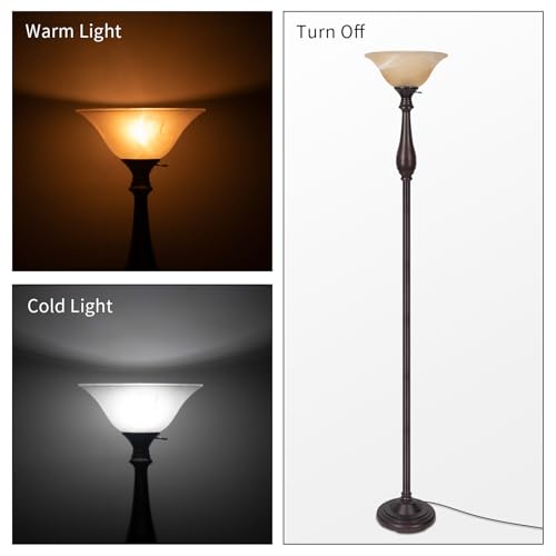 HonoDing Torchiere Floor Lamp for Living Room, Standing Lamp with Glass Shade, Iron Brushed Nickel Floor Lamps, Corner Lamps for Bedroom, Office, Reading (Dark Brown)