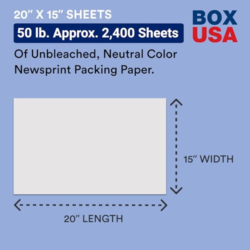 BOX USA Packing Paper Sheets 20 x 15 (2400 Sheets, 50 lb) - Newsprint