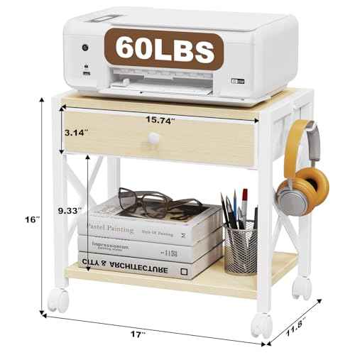 EasyCom 2-Tier Desktop Printer Stand with Large Drawer, Under Desk Storage with Wheels, Small Shelf with Storage for Paper Storage Printer Scanner Fax Home Office Use Beige