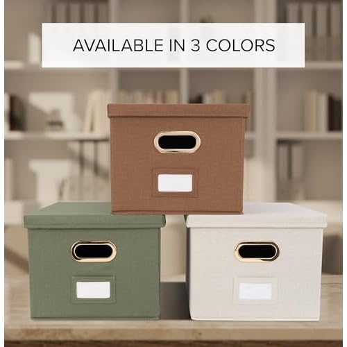 ZICOTO Decorative File Organizer Box Set of 2 - Collapsible Linen Filing Cabinets w/Handles Are Perfect to Store all Your Documents & Hanging File Folders - Portable Easy Slide Crates with Lid