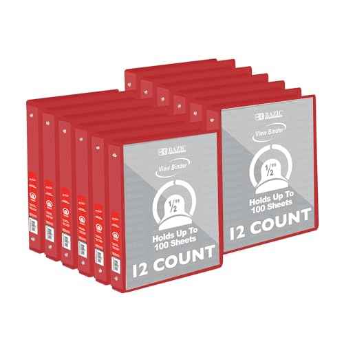 BAZIC Products 3 Ring Binder 1/2" Economy View Binders Organizer - Red, Round Ring, Hold 100 Sheets Paper, for School Office Home, 12-Count