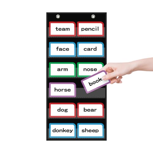 ANCOMEDO 10”W x 25”H Classroom Words Pocket Chart with 6 Clear Pockets, Black