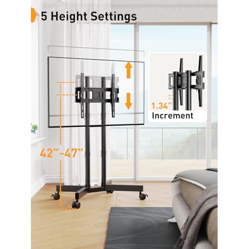 Perlegear Rolling TV Stand, Mobile TV Stand with Wheels for 32-75 inch TVs, Height Adjustable Mobile TV Cart with -15¡Æ to +5¡Æ Tilt, Rolling Cart for 4K TV Max VESA 400x400mm up to 88lbs, PGTVMC14