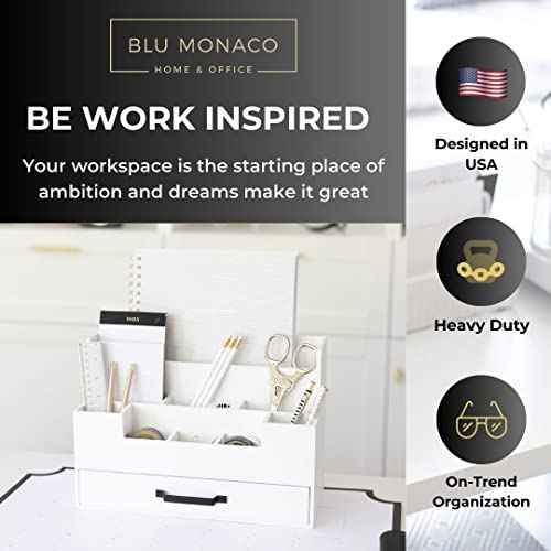 BLU MONACO White Wooden Desk Organizer with Drawer ? Office Desk Caddy for Supplies and Accessories ? Stylish Desktop Storage for Women