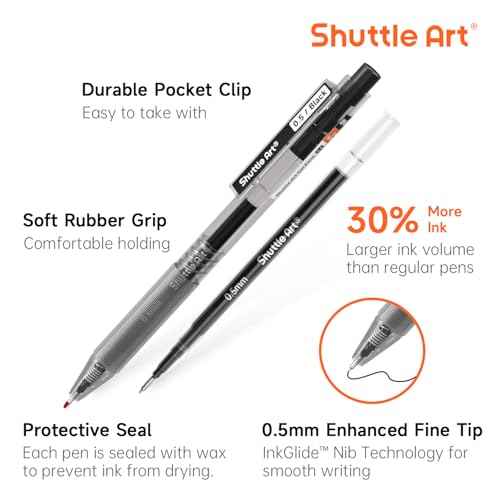 Shuttle Art Black Gel Pens, Ink Glide Series 15 Pack Retractable 0.5mm Fine Point Rollerball Gel Ink Pens Quick Drying Waterproof Smooth Writing with Comfortable Grip for Office School and home