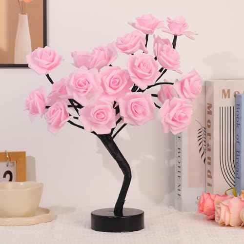 Drawelry Rose Flower Tree Lamp - LED Rose Tree Table Lamp USB/Battery Powered Artificial Bonsai Flower Night Light for Bedroom Living Room Party Wedding Birthday Decor (Pink)
