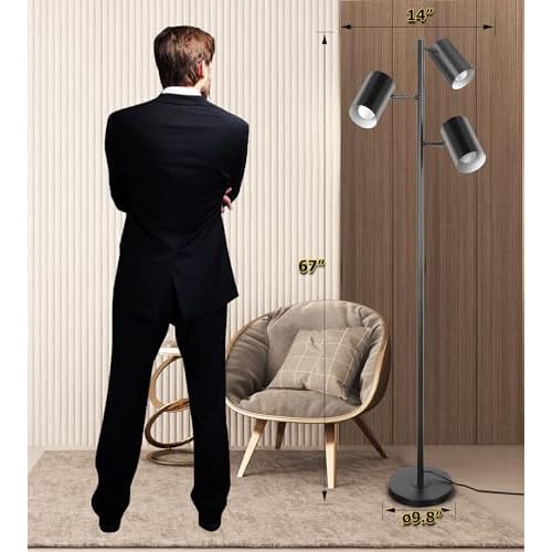 Tree Floor Lamp with 3 Light 9W E26 LED Bulbs,Black Standing Tall Pole Lamp with 3 Adjustable Rotating Lights,Modern Floor Lamp for Living Room Bedroom Office,Reading Room