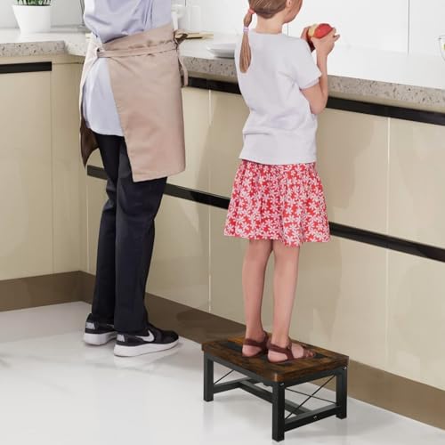 YINMIT Rustic Brown 1 Tier Wooden Step Stool Heavy Duty 500 lb Load Capacity
