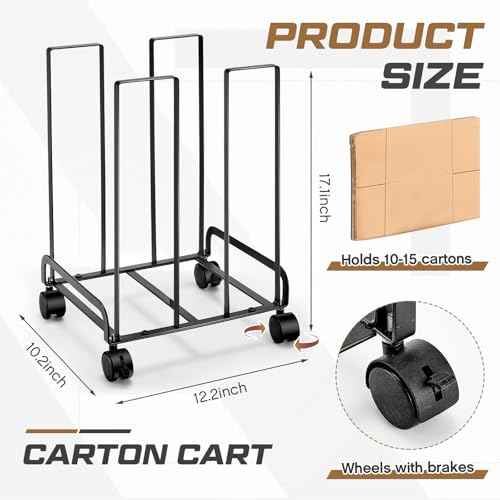 Carton Cart Portable Carton Storage Rack with Caster Wheels 12.2 x 10.2 x 17.1 inch Cardboard Boxes Organizer Stand for Home Warehouse Supermarket Shipping Station, Black