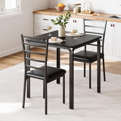 GarveeHome 3-Piece Dining Set for Small Spaces – Square Table with 2 Upholstered Chairs, Black