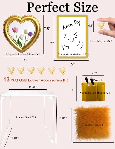 Golden 13 PCS Locker Organizer Set for Girls with Mirror, Whiteboard & Rug – Back to School Decor