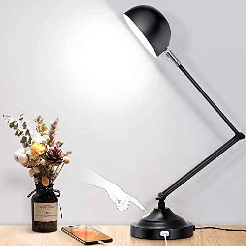 Touch Control LED Desk Lamp with USB Charging Port, Architect Black Metal Lamp with Adjustable Swing Arm, Dimmable Modern Table Lamp for Home Office Reading Study, 3000K/4000K/5000K 3 Color Modes