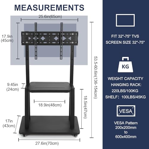 Maiproo 32-75 Inch Rolling TV Stand with Wheels, Heavy-Duty Mobile TV Cart, Height 53.5–60.6 in, Holds 100 lb