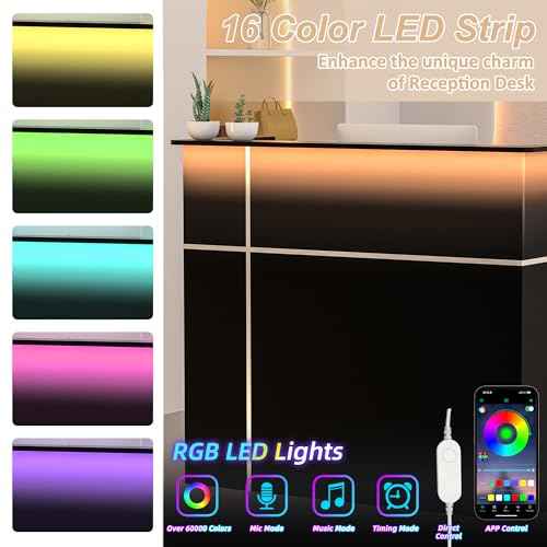 AHB Reception Desk with Counter, Modern Front Table Equipped Lockers & Storage Shelves, 50-inch Checkout Counter with LED Lights & DIY Stripe for Lobbies, Salons, Retail, Home Offices, Reception Room