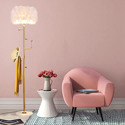 Feather Floor Lamp Standing Lamp with Coat Rack for Living Room,Modern Metal Hall Coat Tree with 5 Hooks,Pole Lamp Reading Floor Lamp for Bedroom and Living Room