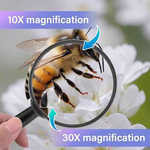 Lakei Magnifying Glass,10X 30X Handheld Reading Magnifying Glass£¬ 75mm Shatter Resistant Lens, Non-Slip Handle, Suitable for Elderly Reading, Adults Close Work, Hobbies and Halloween & Cosplay(Black)