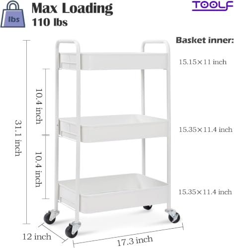 TOOLF White 3-Tier Metal Rolling Utility Cart - Heavy Duty, Tool-Free Assembly