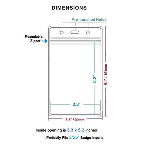 WTQ Large ID Badge Holders (Fit 3"x5" Insert, 100 Pack), Sealable Clear Plastic Name Tag Holders, Vertical Hanging Card Holder with Zipper, Waterproof Vinyl Pouches for Name Badges