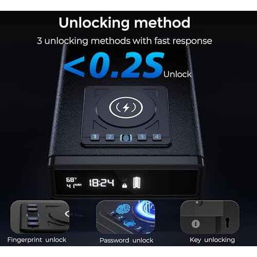 Smart Biometric Safe with Wireless Charging for Phone & Watch, 3 Access Methods to Unlock, Nightstand Drawer Safe LED Display with Humidity & Temperature Monitoring, Stopbox for Cash and Valuables