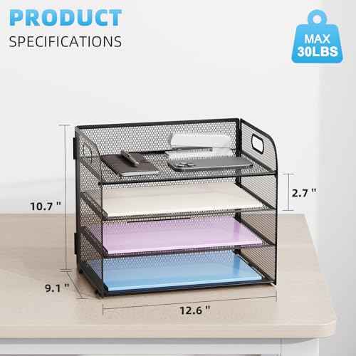Marbrasse 4 Tier Paper Organizer Letter Tray - Mesh Desk File Organizer with Handle, Paper Sorter Organizer for Letter/A4 Office File Folder Holder (Black, 12.6" x 9.1" x 10.7")