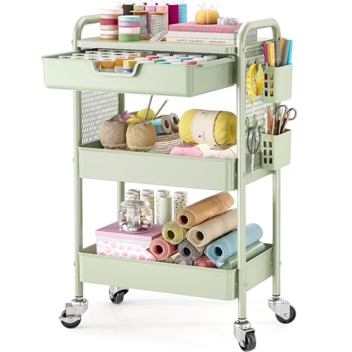 KINGBOARD 3 Tier Metal Rolling Cart with Drawer (Green) – Utility Storage Cart