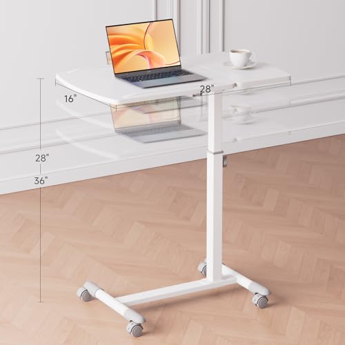 GTRACING Mobile Small Standing Desk, Tiltable Sit Stand Portable Rolling Laptop Desk with Lockable Wheels, Adjustable Height Overbed Bedside Table Computer Workstations, White