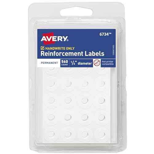 Avery Reinforcement Labels, 1/4" Diameter, Permanent Adhesive, White, Non-Printable, 560 Labels Per Pack, 36 Packs, 20,160 Page Reinforcement Stickers Total (6734)