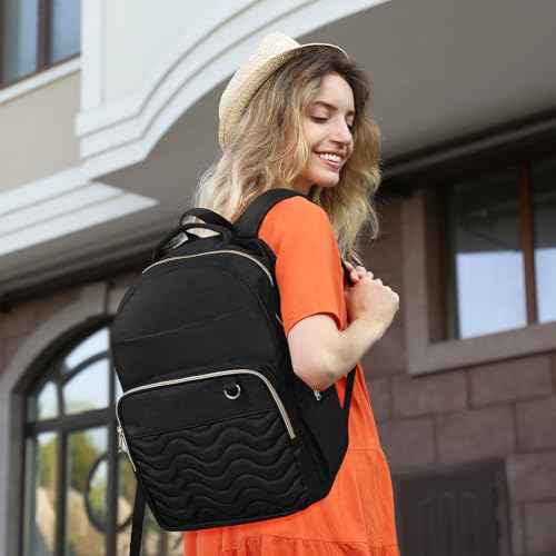 Travel Laptop Backpack for women, Work Backpack Woman with USB Charging Port, Water Resistant College Backpack, Stylish Quilted Girls Back Pack Casual Daypack for 15.6 Inch Laptop, Black