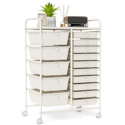 MAT EXPERT White 15-Drawer Rolling Storage Cart with Locking Casters