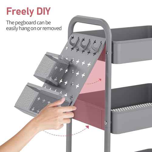 TOOLF Metal Rolling Storage Cart, 3-Tier Utility Mobile Cart with DIY Pegboards, Serving Trolley Cart with Baskets Hooks, for Kitchen, Bathroom, Office, Home, Classroom (Dark Grey)