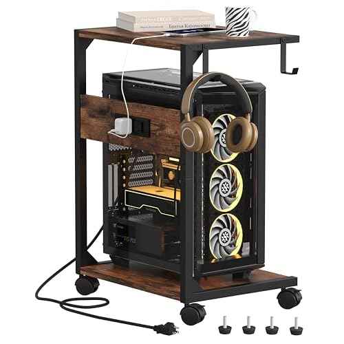 2 Tier Computer Tower Stand with Charging Station, 11.8" D x 16.5" W Rolling Floor PC Tower Stand Fits Under Desk, CPU Holder Cart for Carpet with Hooks, C Shaped End Table for Home Office