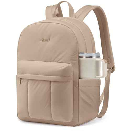 LOVEVOOK Puffer Backpack for Women Girl Travel Work, Lightweight Quilted Laptop Backpack Purse, Cute Bookbag Teacher Nurse Laptop Bag Computer Backpack, Waterproof Casual Daypack,17.3 Inch, Khaki