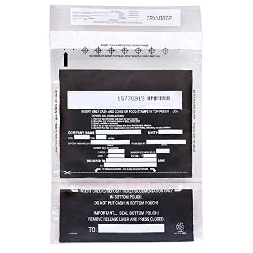 SECUR-PAK 100pk 2-Pocket Tamper Resistant Cash Deposit Bags, 10" x 14" - Fold Over Sealing, Tamper Indicating Enclosure - Semi-transparent 2.5 Mil Coextruded Polyethylene