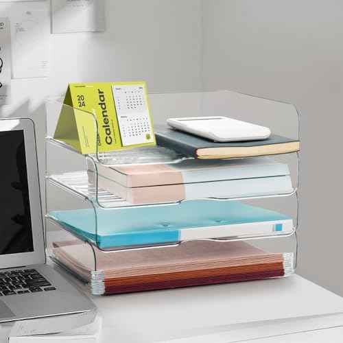Desk Organizer and Storage,4-Tier Paper Letter Tray Organizers,Stackable Clear Desktop Organizer for Documents,Book Magazine Storage,Office Supplies, (Clear,4 Pack)