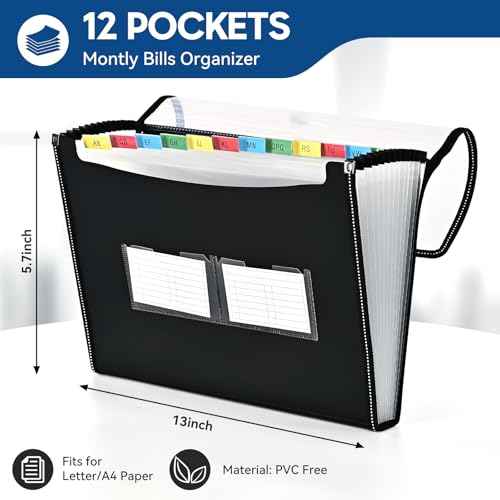 12-Pocket-Expanding File-Folder,Accordion-File-Organizer, A4/US Letter Size Paper Receipt Organizer Accordian Filing Folders (Black-T-12 Pockets)