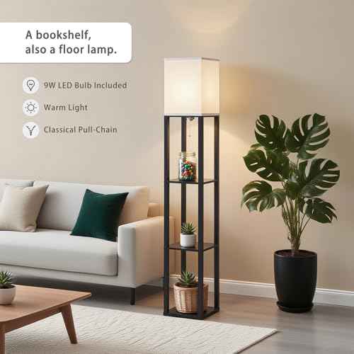 Floor Lamp with Shelves, Modern Square Shelf Lamp for Living Room, Corner Display Standing Lamp, Tall Lamp with White Shade for Bedroom, Office, Home Decor (Black)