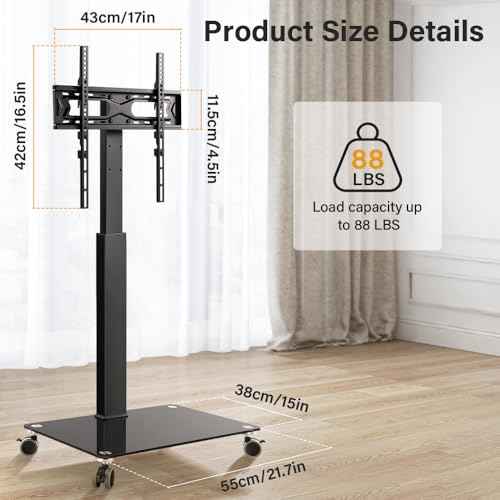 Rolling Floor TV Stand Mobile TV Cart for 27-65 inch LED Screen Universal Televisions Stand with Mount Tempered Glass Base TV Stand for Bedroom Living Room Max VESA 400x400mm