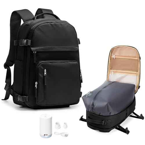 Vacuum Backpack Travel With Pump for Women Men Personal item Travel Bag Carry on Backpack Flight Approved Work College Casual Daypack Backpacks with Vacuum Compression Black