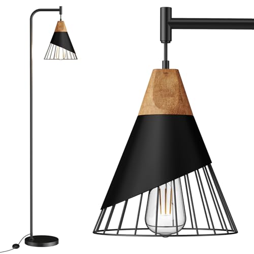 67" Industrial Floor Lamp with Wood & Black Metal Shade, Modern Standing Lamp, Rustic Farmhouse Tall Lamp for Living Room Bedroom Office, 2700K Bulb & Foot Switch Included (Black)
