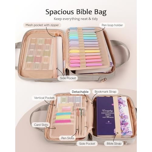Bible Cover Case for Women, Large Bible Bag with Study Supplies, Bible Journaling Kit with Highlighters and Pens No Bleed, Christian Gift for Women (Shoulder Strap, Smokey Taupe)