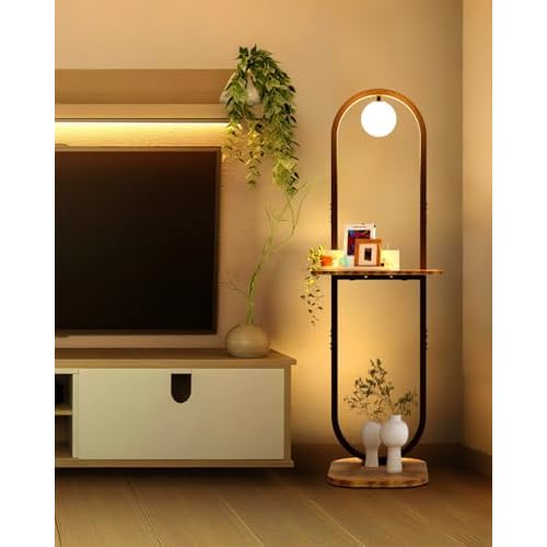 Lightdot 47-Inch Arch Floor Lamp, Modern Standing Lamp with Table, Black Metal Frame with Globe Shade, Living Room Bedroom Lighting, G9 LED Bulb Included