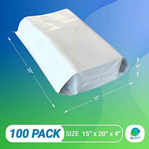 Gusseted Poly Mailers, 15 x 20 x 4 Inches. Pack of 100 White Expansion Poly Mailers Bags. Lightweight Plastic Shipping Bags for Clothing, 2.4 Mil. Waterproof Envelope for Shipping Peel & Seal