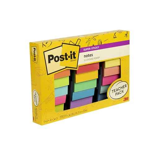 Post-it Super Sticky Notes Assorted Colors 3 x 3 inch | Teacher Pack | Super Sticky | Recyclable | 45 Sheets per Pad, 15 Pads, Pack of 6