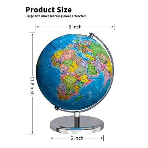 Illuminated World Globe with Stand, 9" Earth Globes with Stable Heavy Metal Base for Kids Classroom Learning, LED Constellation Globe Night Light with HD Printed Map