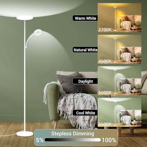 White Floor Lamp, 42W 4000LM Super Bright LED Room Lamp with Adjustable Reading Light,Dimmable Modern Standing Lamp with Remote & Touch Control for Room Bedroom Office Floor Light
